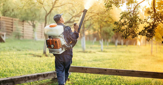 Man wearing a safety suit carrying a fogging machine and spraying a tree with chemicals in a large outdoor setting.